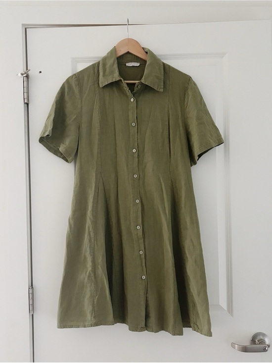 Spighe Di Lino Dresses & Skirts - Spighe Di Lino Linen Cotton Swing Shirt Dress Short Sleeve Olive Green Large